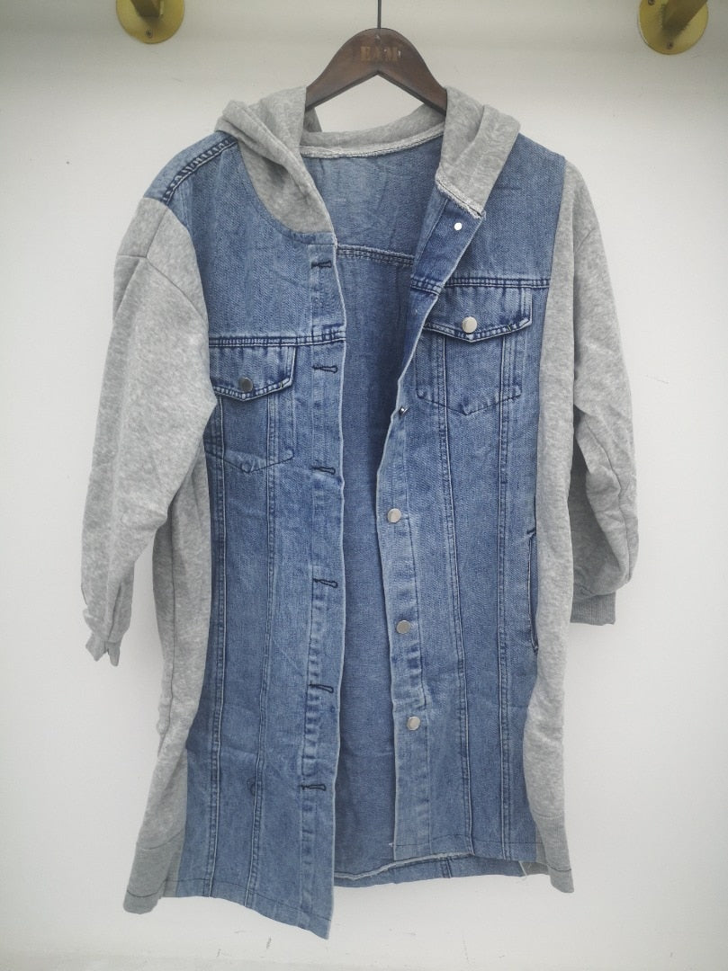 Kyanite - Hooded Single-breasted Long-sleeved Oversized Denim Jacket