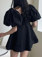 Load image into Gallery viewer, Tourmaline - Square Neck Lantern Sleeve Black Empire Line Mini Dress
