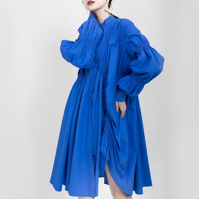 Andara Blue - Asymmetrical Ruched Detail Long Sleeve Shirt Dress