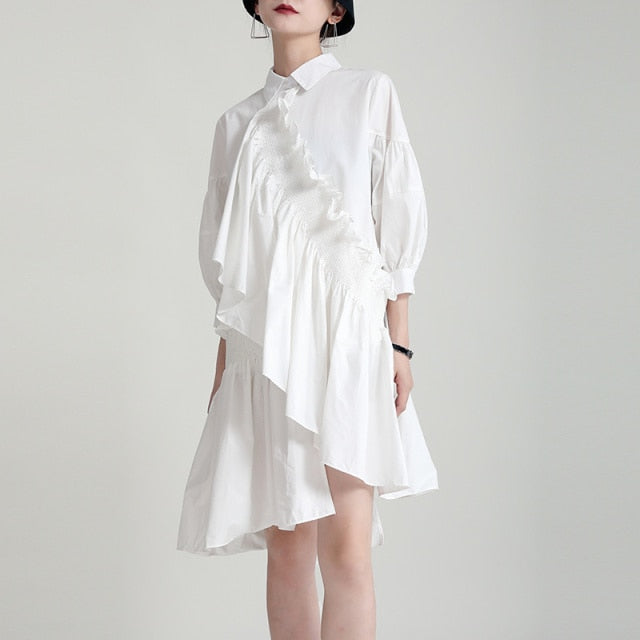 Angel -  Ruffled Asymmetrical Three-quarter Sleeve Shirt Dress/Blouse