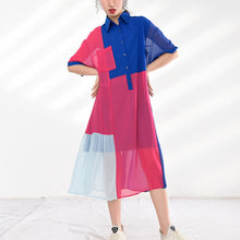 Load image into Gallery viewer, Covellite -  Red White &amp; Blue Contrast Color Sheer Shirt Dress
