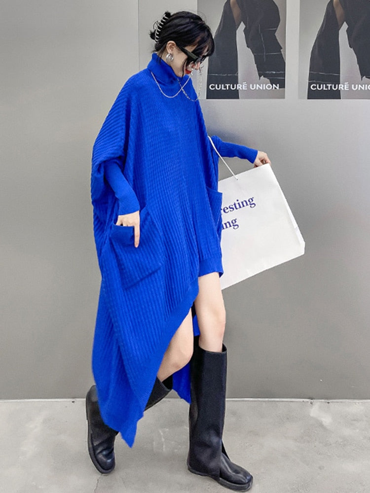 Topaz - Asymmetrical Knit Turtleneck Long Sleeve Loose Fit Dress
