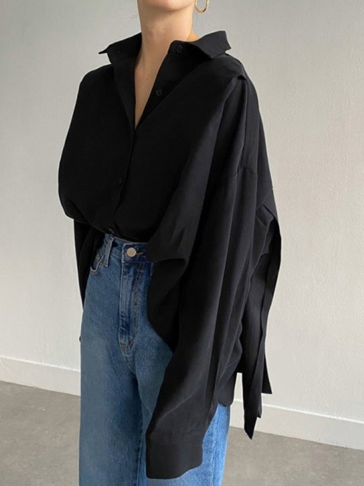 Shaman - Featured Pleated Back Long Sleeve Loose Fit Shirt